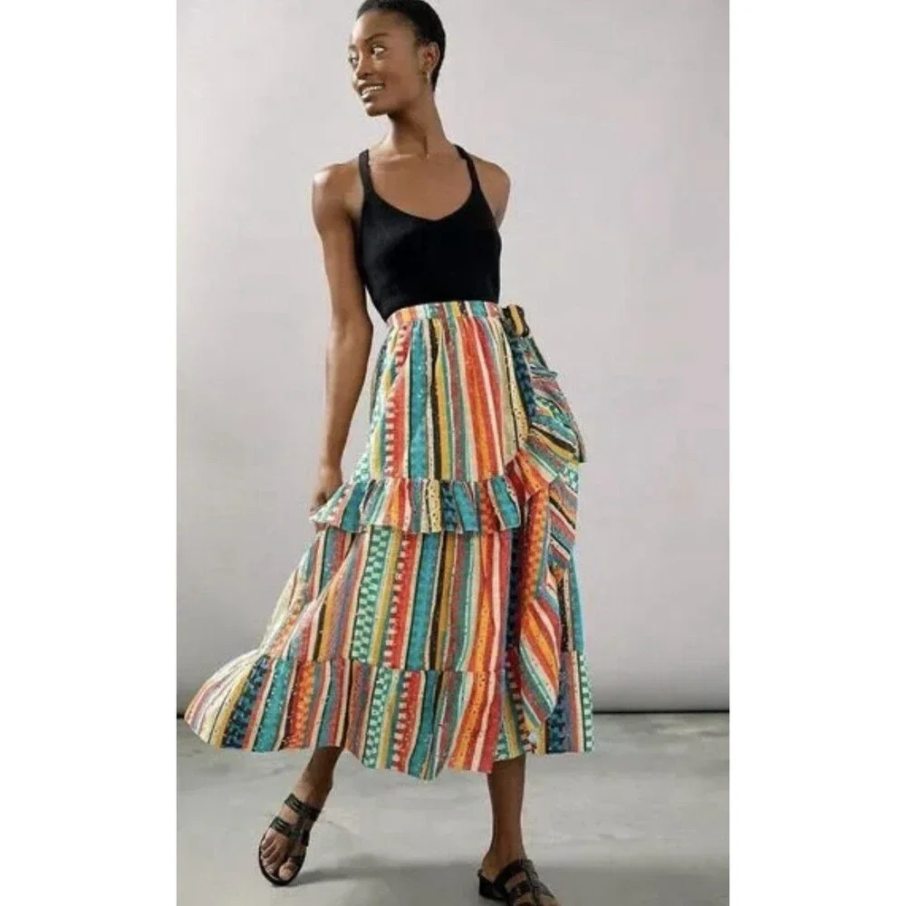Anthropologie Verb Wrap Maxi Skirt Blue Ruffled Eyelet Preppy Retro Boho Size XS